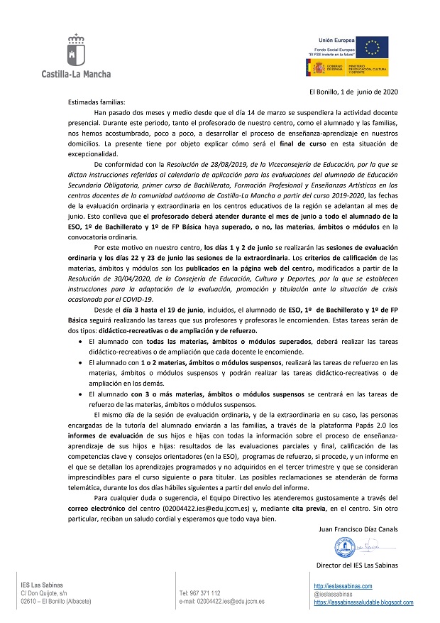 CARTA A FAMILIAS FIN DE CURSO