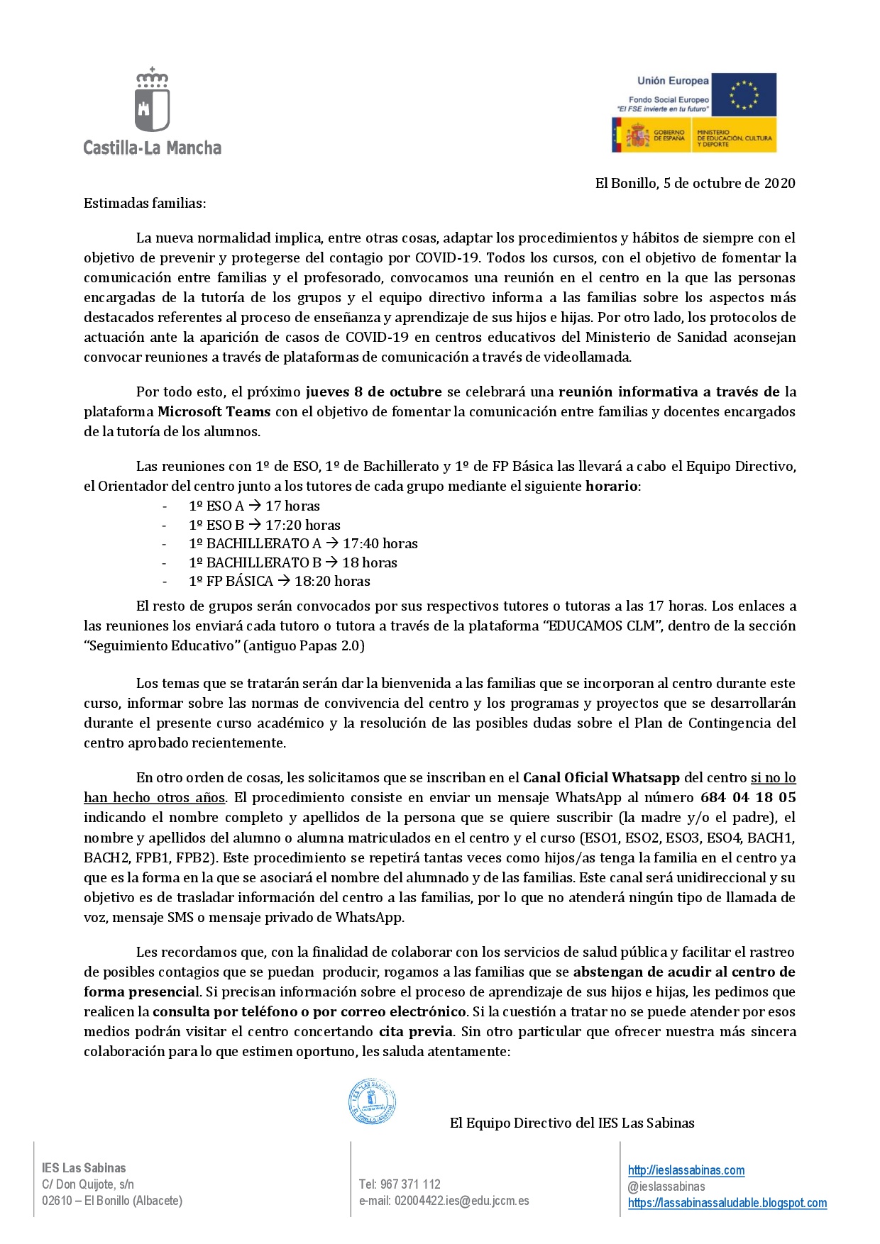 Carta de reunión inicio de curso 20 21