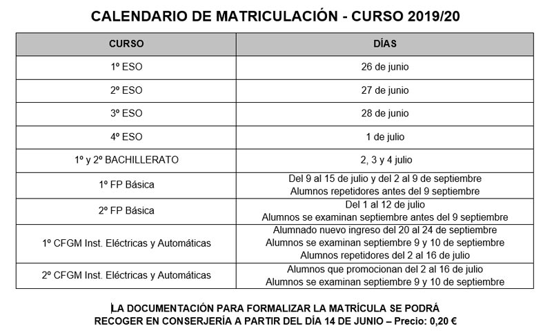calendario matricula 2019 20