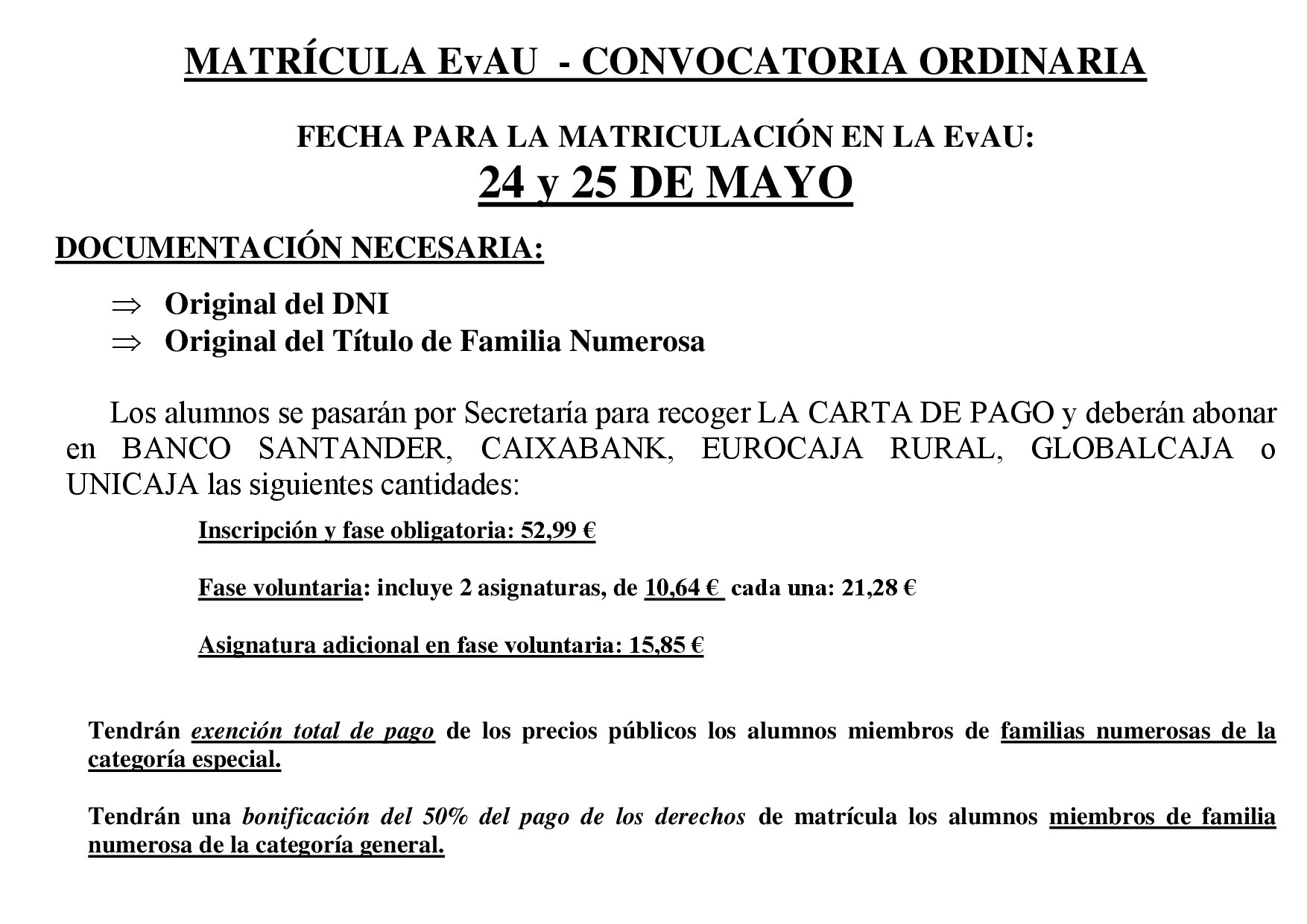 FECHA MATRICULA EVAU 22 23