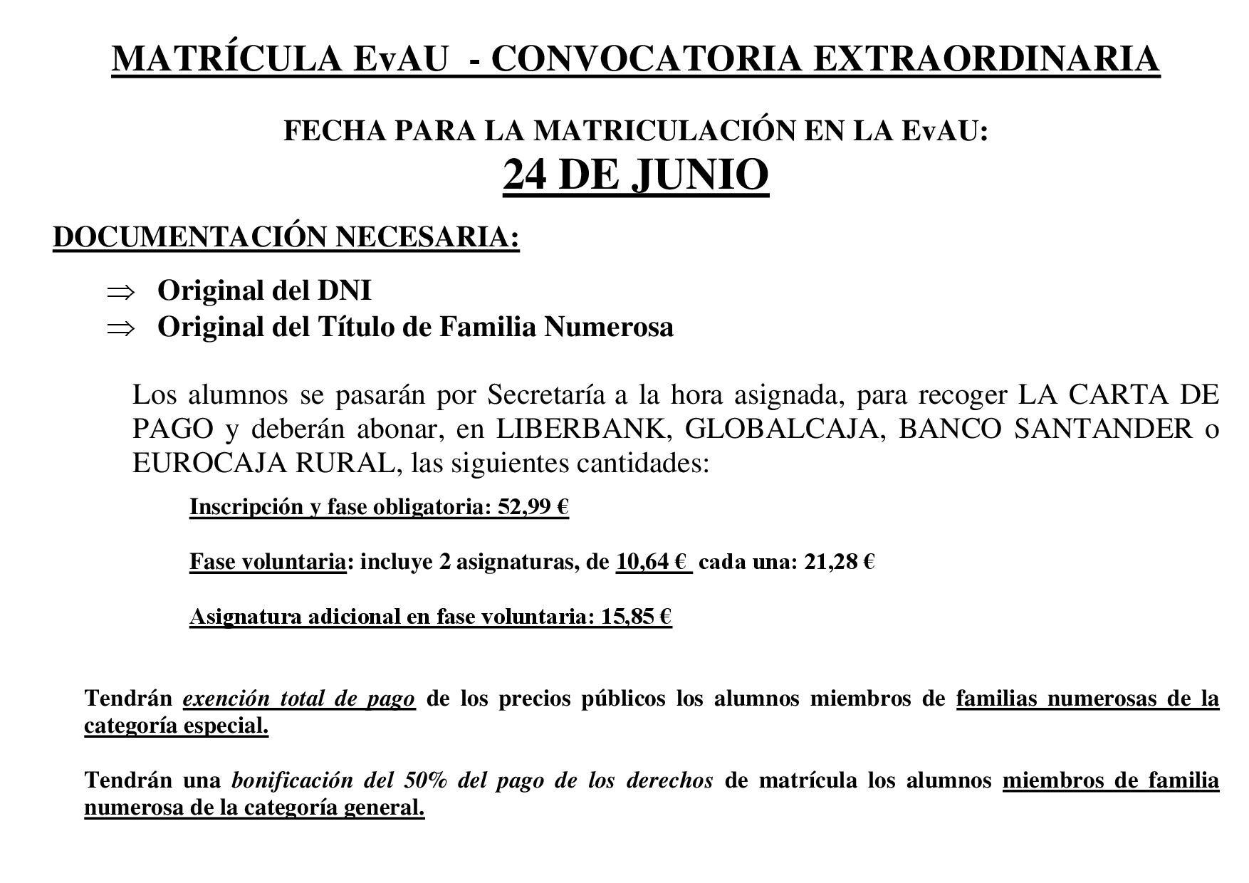 FECHA MATRICULA EVAU EXTRAORDINARIA 21 22
